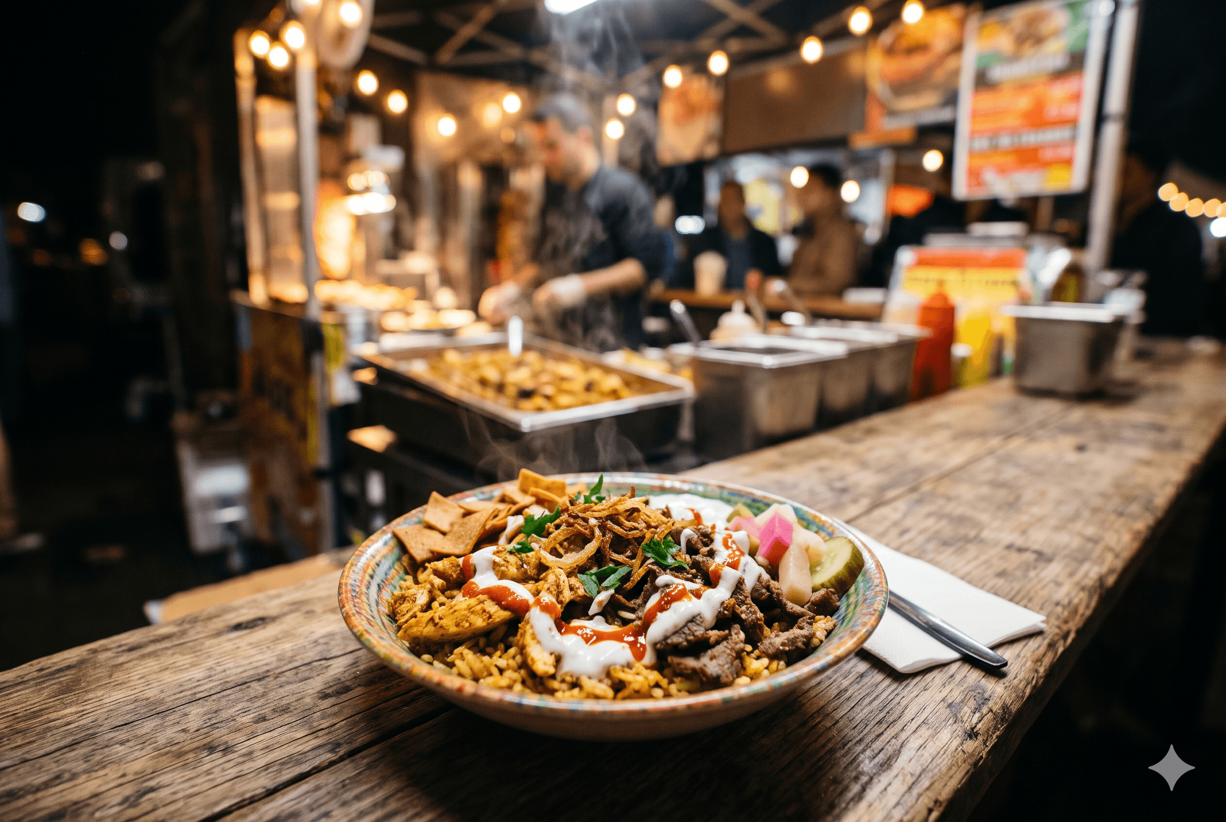 A loaded bowl of shawarma rice on a wooden counter in front of a lit food stall